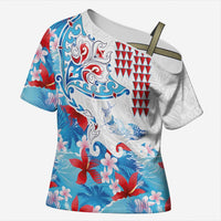 Hawaiian Tribal Manta Ray Cross Shoulder Shirt Kakau Tattoo and Flowers Surfing Waves Pattern Ocean Color