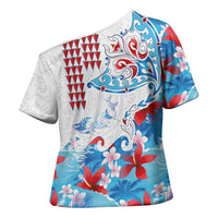 Hawaiian Tribal Manta Ray Cross Shoulder Shirt Kakau Tattoo and Flowers Surfing Waves Pattern Ocean Color