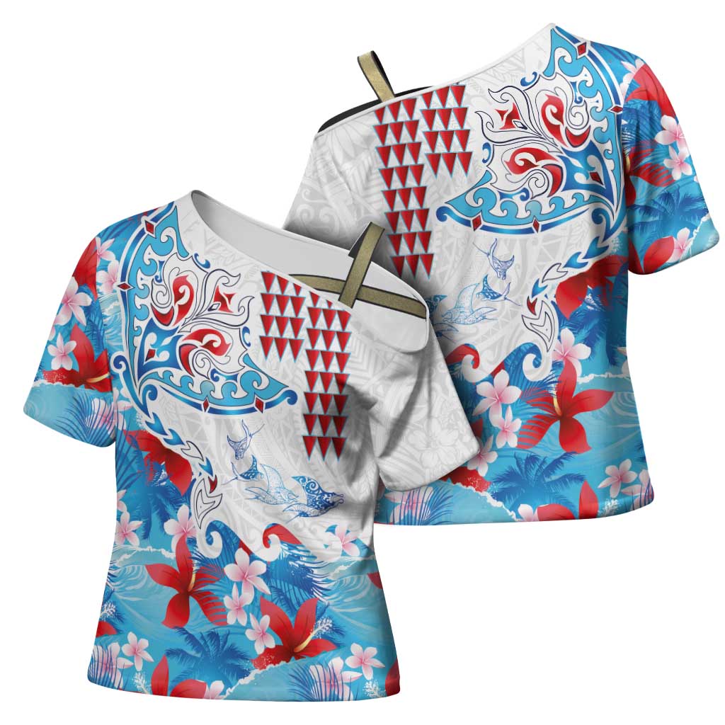 Hawaiian Tribal Manta Ray Cross Shoulder Shirt Kakau Tattoo and Flowers Surfing Waves Pattern Ocean Color