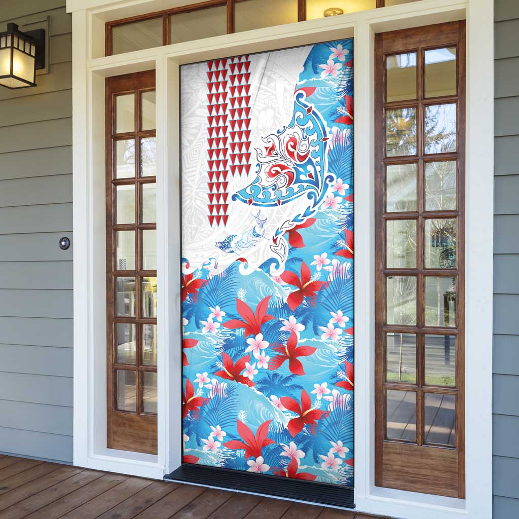 Hawaiian Tribal Manta Ray Door Cover Kakau Tattoo and Flowers Surfing Waves Pattern Ocean Color LT03 - Polynesian Pride