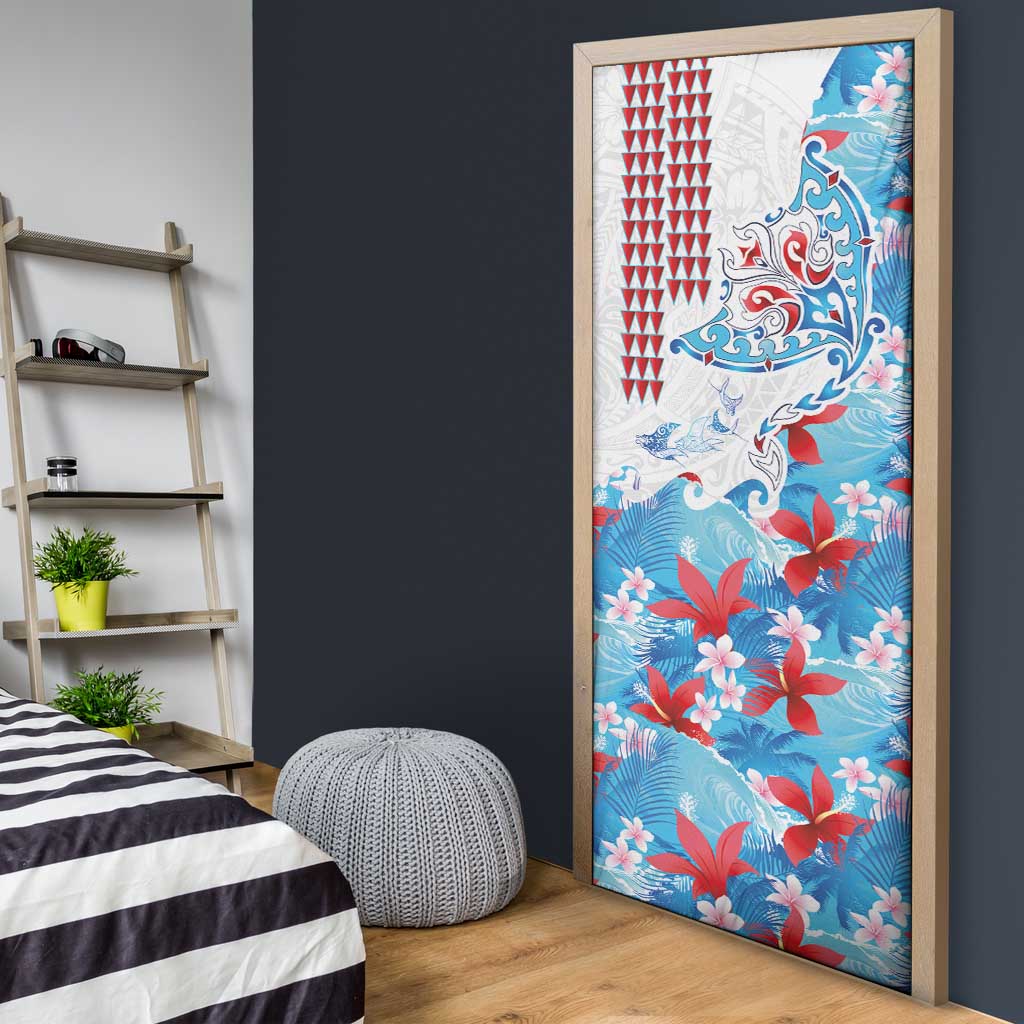 Hawaiian Tribal Manta Ray Door Cover Kakau Tattoo and Flowers Surfing Waves Pattern Ocean Color LT03 - Polynesian Pride