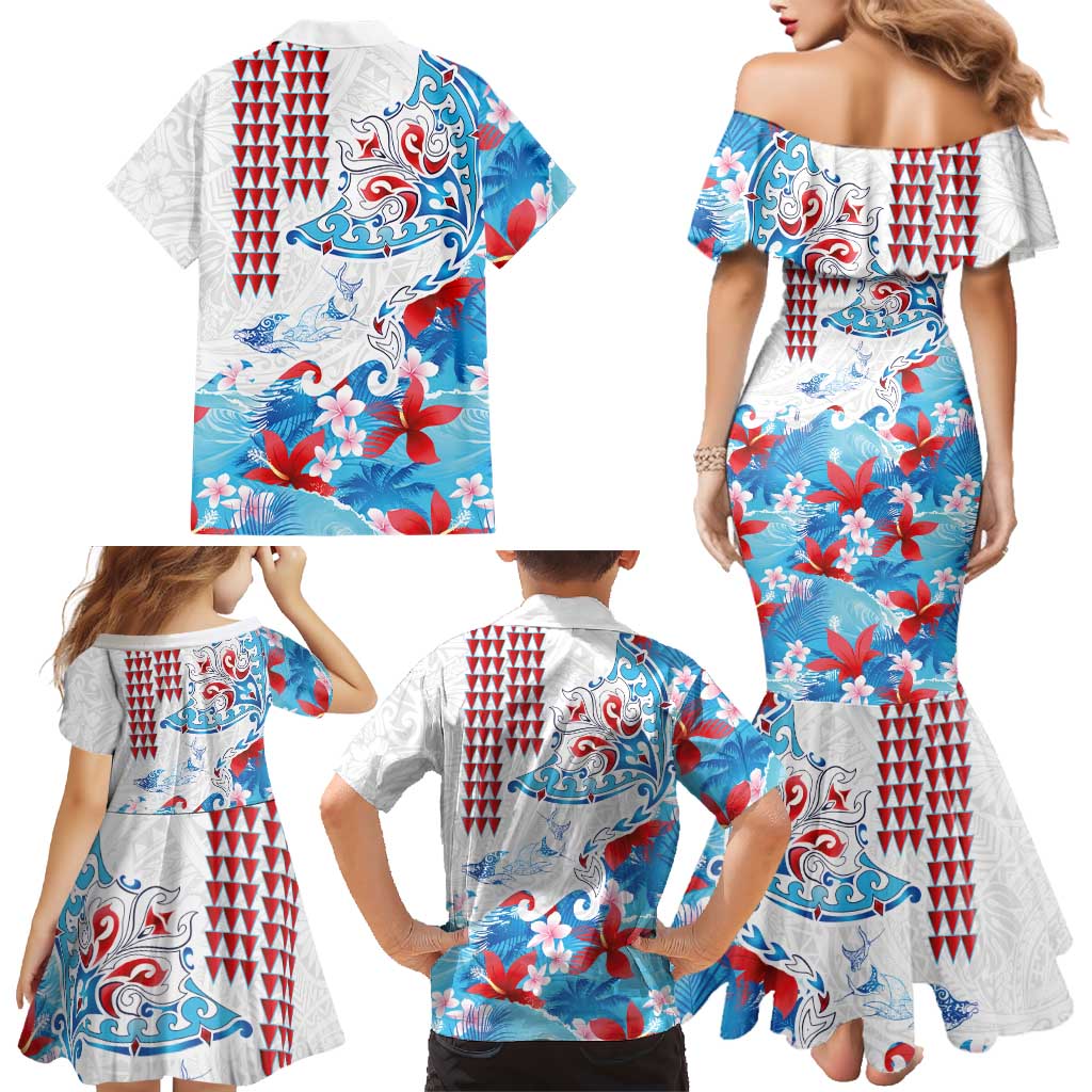 Hawaiian Tribal Manta Ray Family Matching Mermaid Dress and Hawaiian Shirt Kakau Tattoo and Flowers Surfing Waves Pattern Ocean Color LT03 - Polynesian Pride
