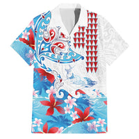 Hawaiian Tribal Manta Ray Family Matching Off Shoulder Maxi Dress and Hawaiian Shirt Kakau Tattoo and Flowers Surfing Waves Pattern Ocean Color LT03 Dad's Shirt - Short Sleeve Multicolor - Polynesian Pride