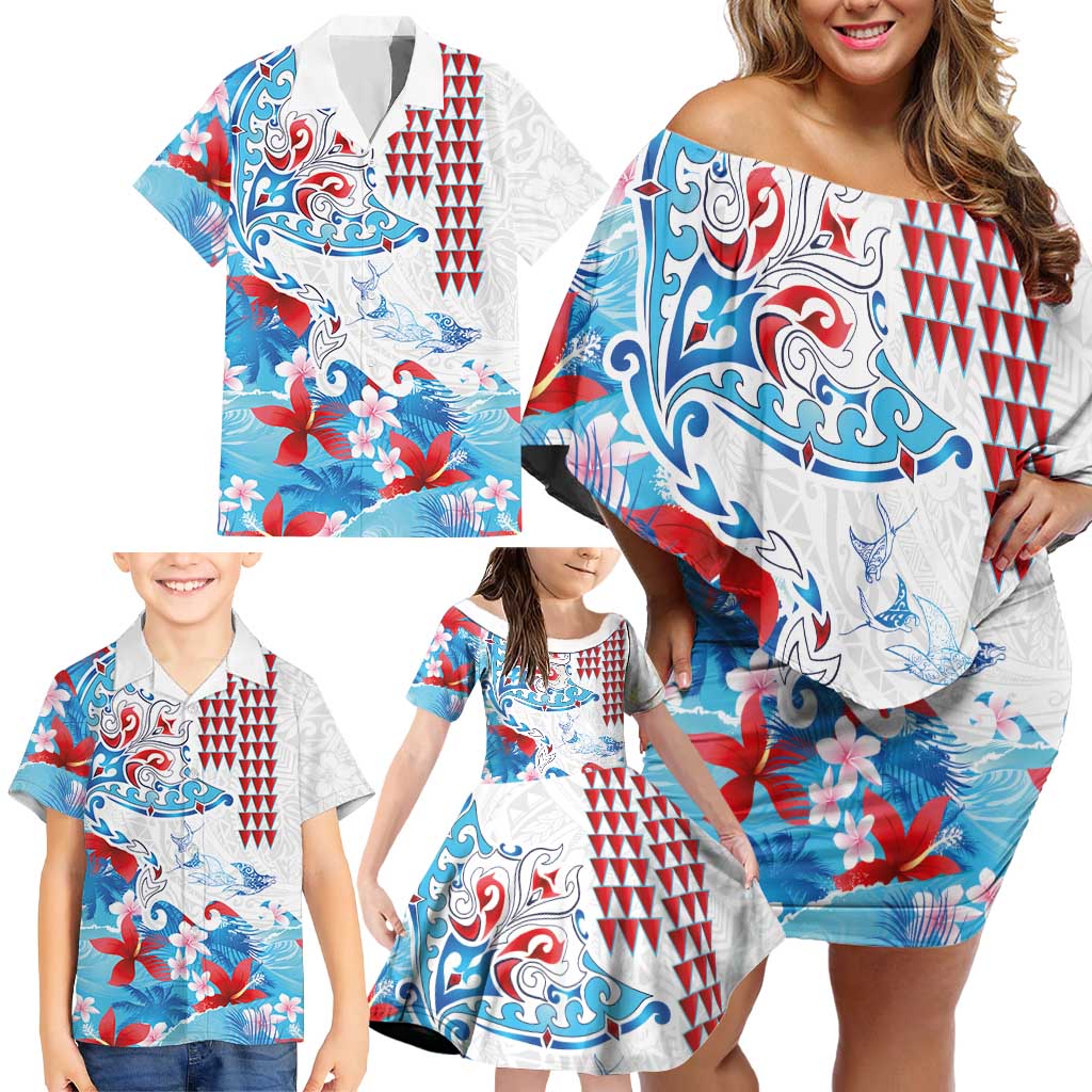 Hawaiian Tribal Manta Ray Family Matching Off Shoulder Short Dress and Hawaiian Shirt Kakau Tattoo and Flowers Surfing Waves Pattern Ocean Color
