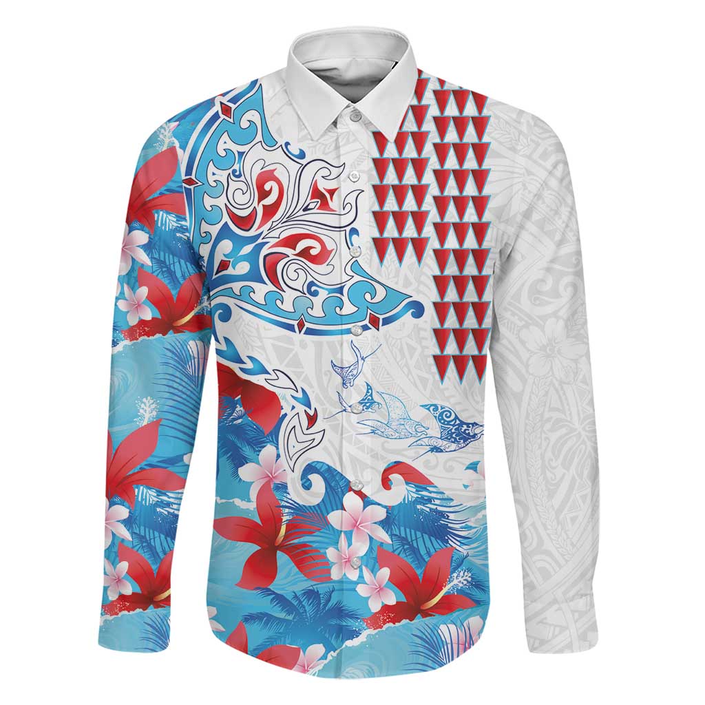 Hawaiian Tribal Manta Ray Family Matching Off Shoulder Short Dress and Hawaiian Shirt Kakau Tattoo and Flowers Surfing Waves Pattern Ocean Color LT03 Dad's Shirt - Long Sleeve Multicolor - Polynesian Pride