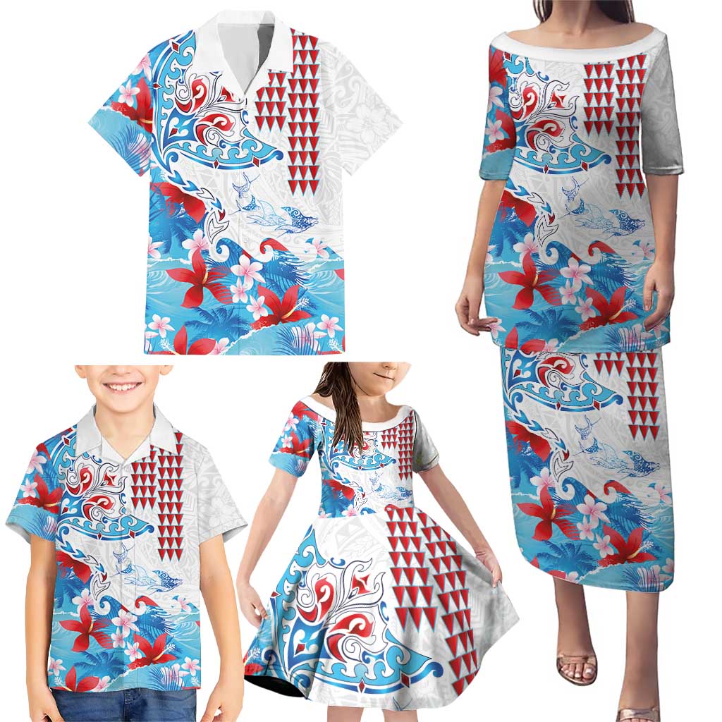 Hawaiian Tribal Manta Ray Family Matching Puletasi and Hawaiian Shirt Kakau Tattoo and Flowers Surfing Waves Pattern Ocean Color