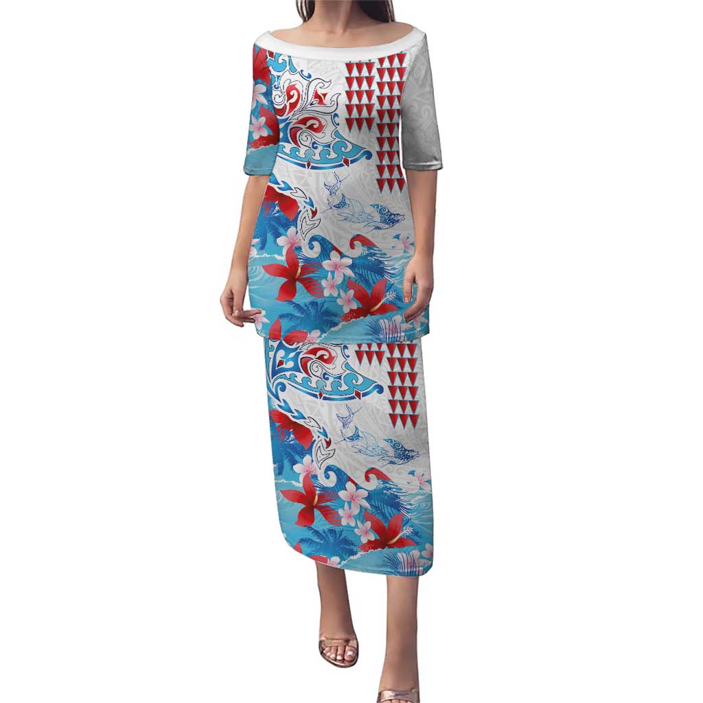 Hawaiian Tribal Manta Ray Family Matching Puletasi and Hawaiian Shirt Kakau Tattoo and Flowers Surfing Waves Pattern Ocean Color LT03 Mom's Dress Multicolor - Polynesian Pride