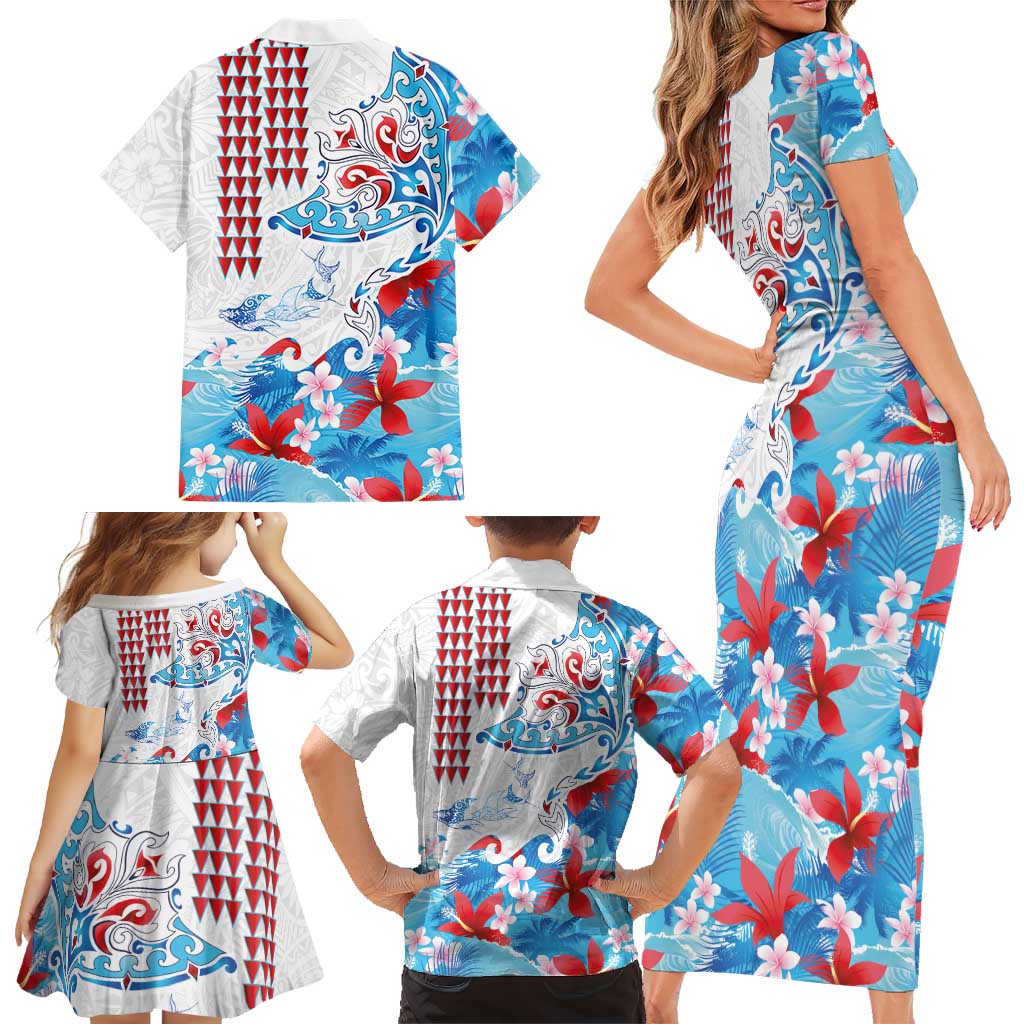 Hawaiian Tribal Manta Ray Family Matching Short Sleeve Bodycon Dress and Hawaiian Shirt Kakau Tattoo and Flowers Surfing Waves Pattern Ocean Color LT03 - Polynesian Pride