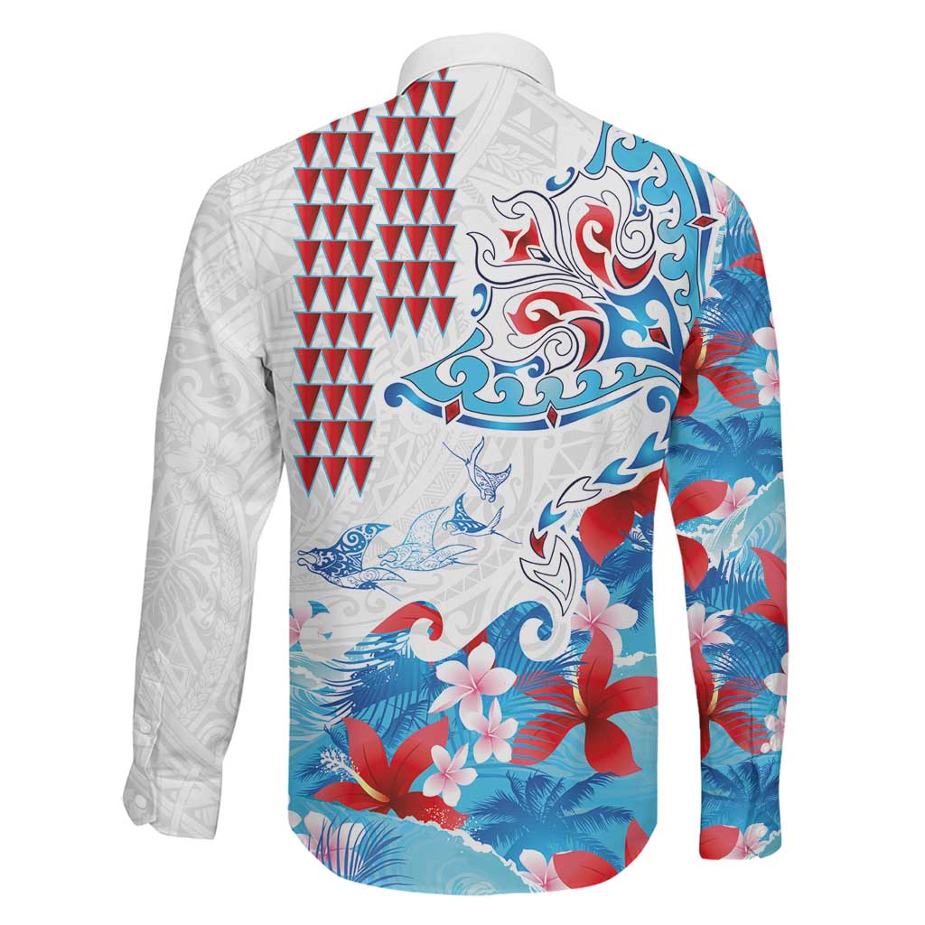 Hawaiian Tribal Manta Ray Family Matching Tank Maxi Dress and Hawaiian Shirt Kakau Tattoo and Flowers Surfing Waves Pattern Ocean Color LT03 - Polynesian Pride