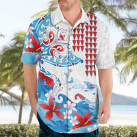 Hawaiian Tribal Manta Ray Hawaiian Shirt Kakau Tattoo and Flowers Surfing Waves Pattern Ocean Color
