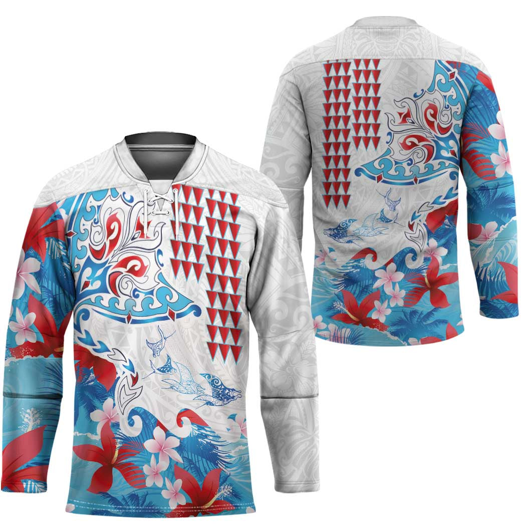 Hawaiian Tribal Manta Ray Hockey Jersey Kakau Tattoo and Flowers Surfing Waves Pattern Ocean Color LT03 - Polynesian Pride