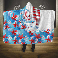 Hawaiian Tribal Manta Ray Hooded Blanket Kakau Tattoo and Flowers Surfing Waves Pattern Ocean Color