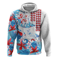 Hawaiian Tribal Manta Ray Hoodie Kakau Tattoo and Flowers Surfing Waves Pattern Ocean Color