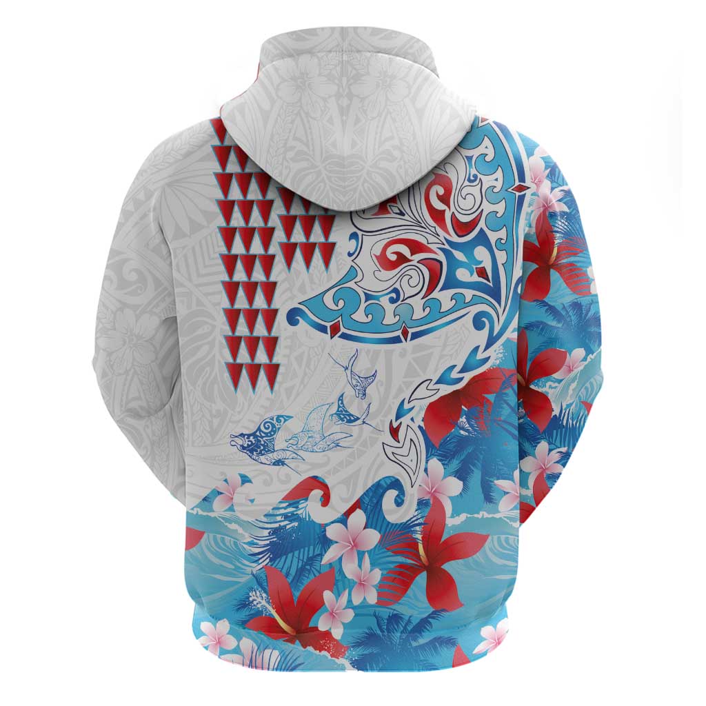 Hawaiian Tribal Manta Ray Hoodie Kakau Tattoo and Flowers Surfing Waves Pattern Ocean Color