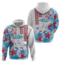 Hawaiian Tribal Manta Ray Hoodie Kakau Tattoo and Flowers Surfing Waves Pattern Ocean Color