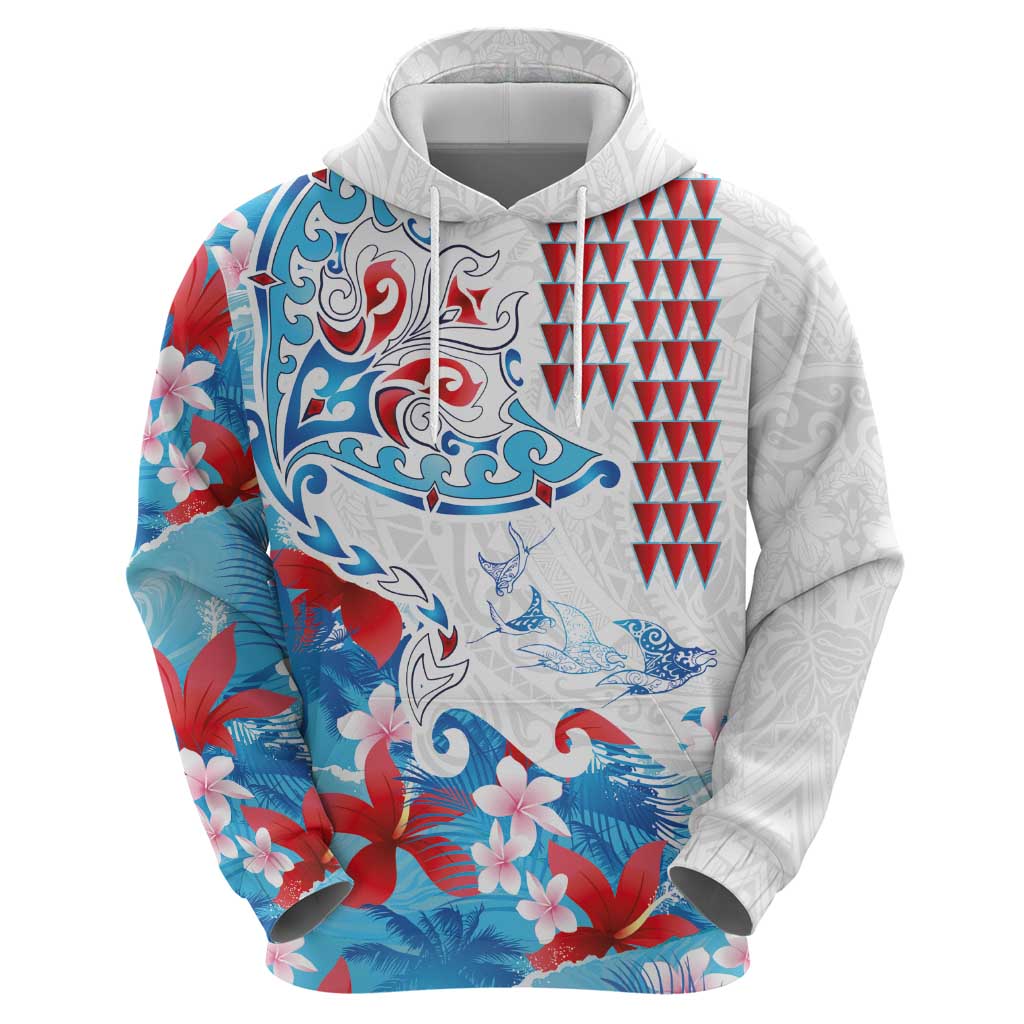 Hawaiian Tribal Manta Ray Hoodie Kakau Tattoo and Flowers Surfing Waves Pattern Ocean Color
