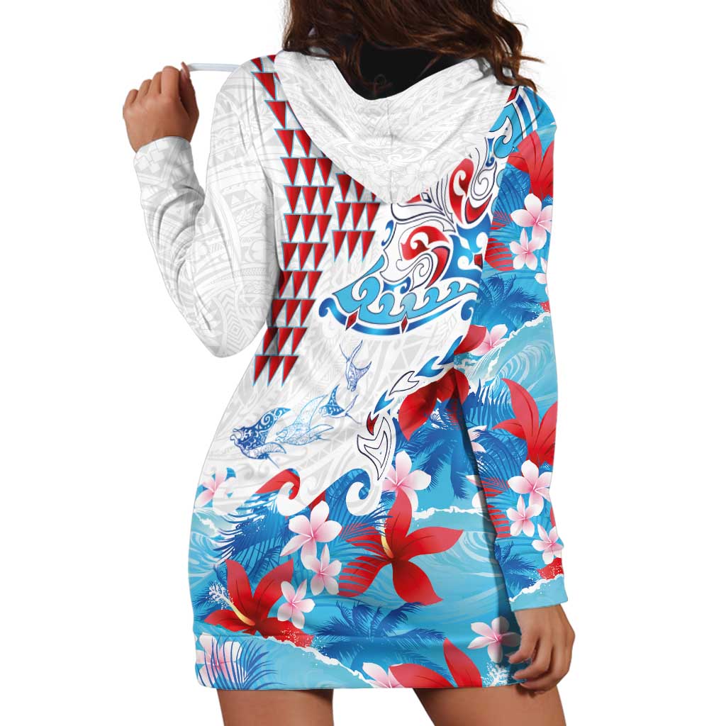 Hawaiian Tribal Manta Ray Hoodie Dress Kakau Tattoo and Flowers Surfing Waves Pattern Ocean Color