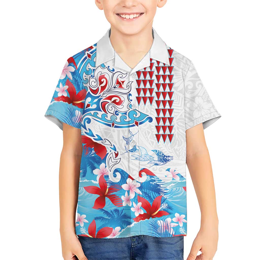 Hawaiian Tribal Manta Ray Kid Hawaiian Shirt Kakau Tattoo and Flowers Surfing Waves Pattern Ocean Color