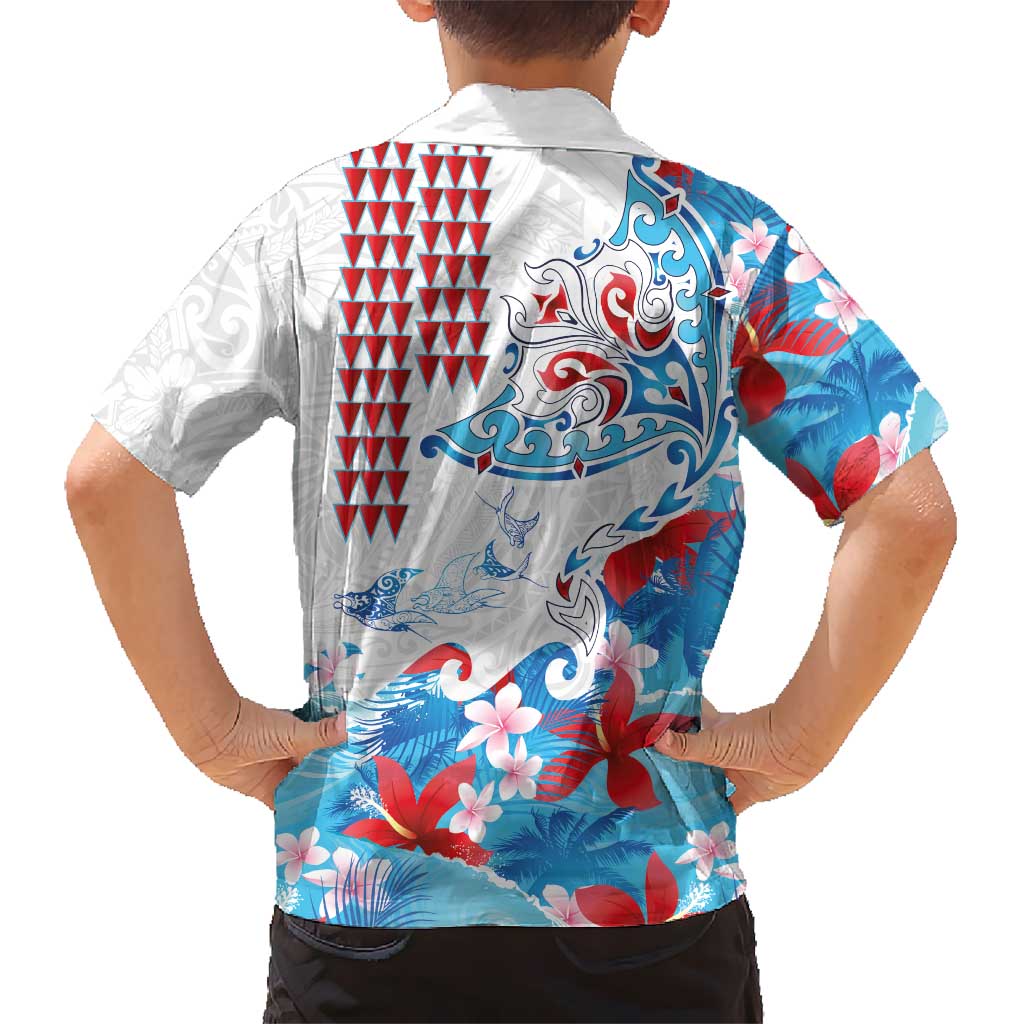 Hawaiian Tribal Manta Ray Kid Hawaiian Shirt Kakau Tattoo and Flowers Surfing Waves Pattern Ocean Color