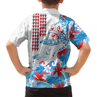 Hawaiian Tribal Manta Ray Kid Hawaiian Shirt Kakau Tattoo and Flowers Surfing Waves Pattern Ocean Color