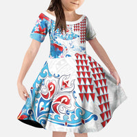 Hawaiian Tribal Manta Ray Kid Short Sleeve Dress Kakau Tattoo and Flowers Surfing Waves Pattern Ocean Color