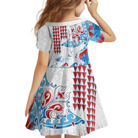 Hawaiian Tribal Manta Ray Kid Short Sleeve Dress Kakau Tattoo and Flowers Surfing Waves Pattern Ocean Color