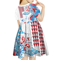 Hawaiian Tribal Manta Ray Kid Short Sleeve Dress Kakau Tattoo and Flowers Surfing Waves Pattern Ocean Color