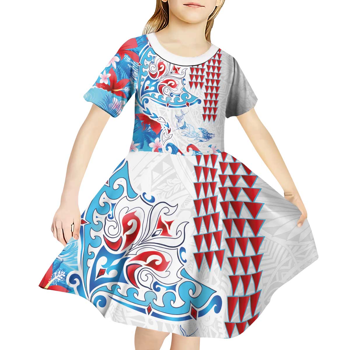 Hawaiian Tribal Manta Ray Kid Short Sleeve Dress Kakau Tattoo and Flowers Surfing Waves Pattern Ocean Color