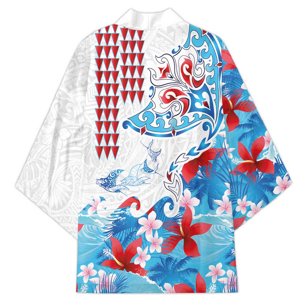 Hawaiian Tribal Manta Ray Kimono Kakau Tattoo and Flowers Surfing Waves Pattern Ocean Color LT03 - Polynesian Pride