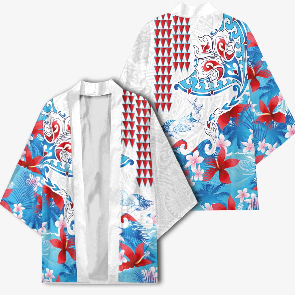Hawaiian Tribal Manta Ray Kimono Kakau Tattoo and Flowers Surfing Waves Pattern Ocean Color LT03 - Polynesian Pride