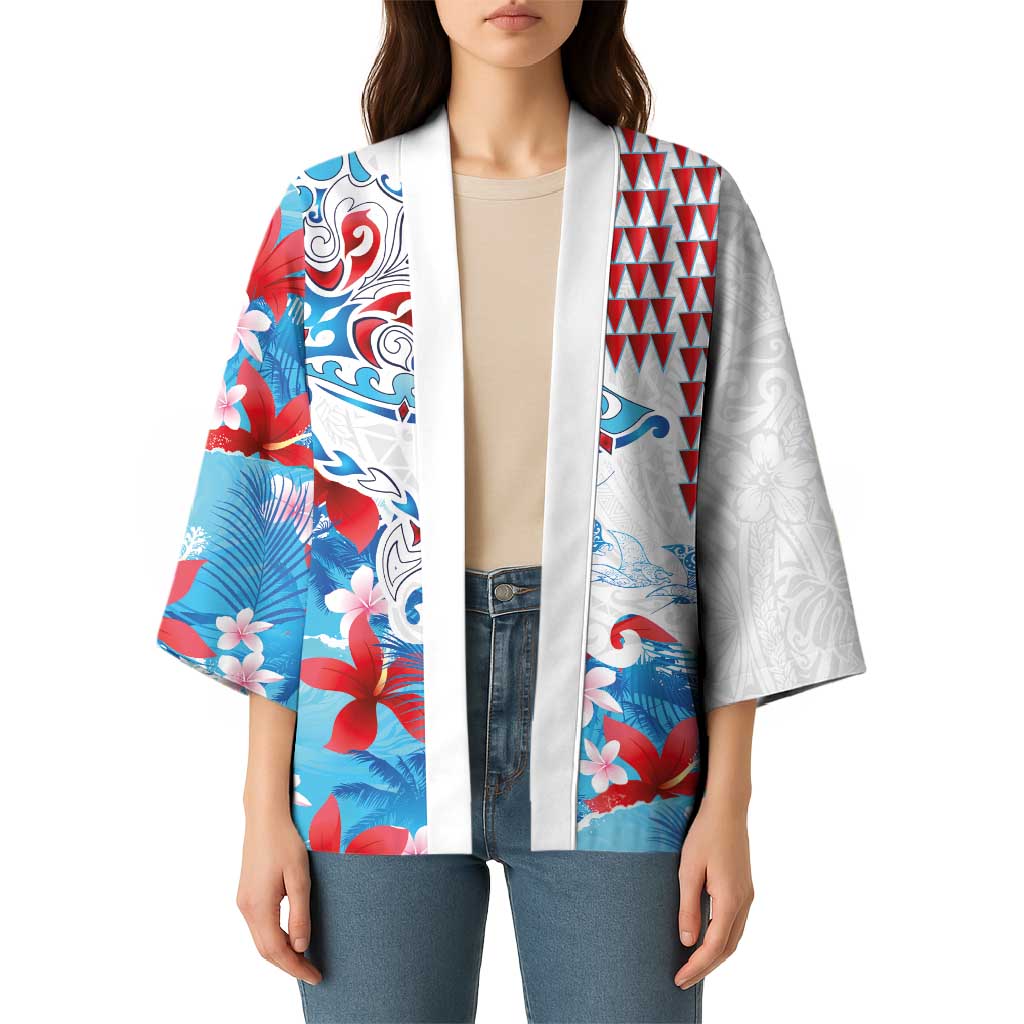 Hawaiian Tribal Manta Ray Kimono Kakau Tattoo and Flowers Surfing Waves Pattern Ocean Color LT03 - Polynesian Pride