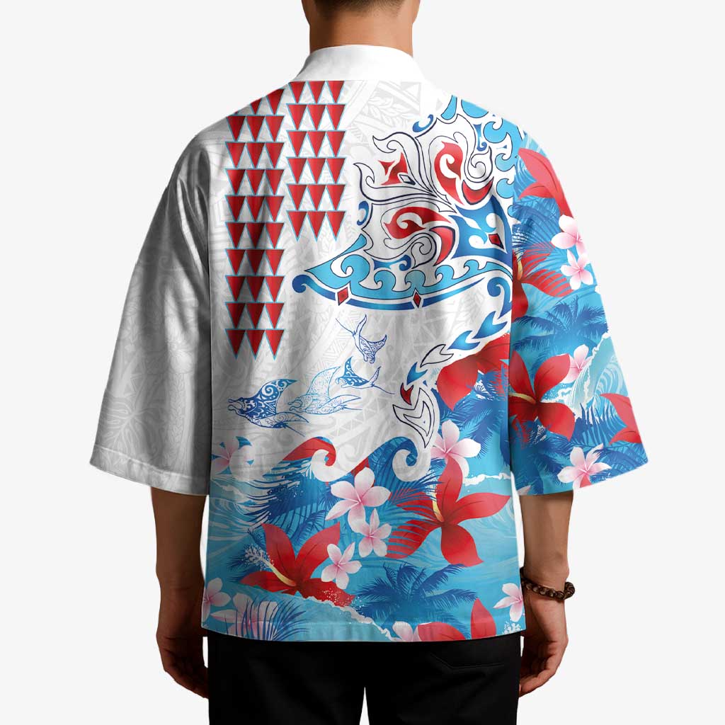 Hawaiian Tribal Manta Ray Kimono Kakau Tattoo and Flowers Surfing Waves Pattern Ocean Color LT03 - Polynesian Pride
