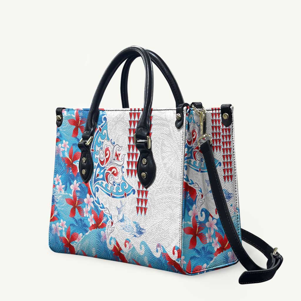Hawaiian Tribal Manta Ray Leather Bag Kakau Tattoo and Flowers Surfing Waves Pattern Ocean Color LT03 Multicolor - Polynesian Pride