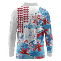 Hawaiian Tribal Manta Ray Long Sleeve Polo Shirt Kakau Tattoo and Flowers Surfing Waves Pattern Ocean Color