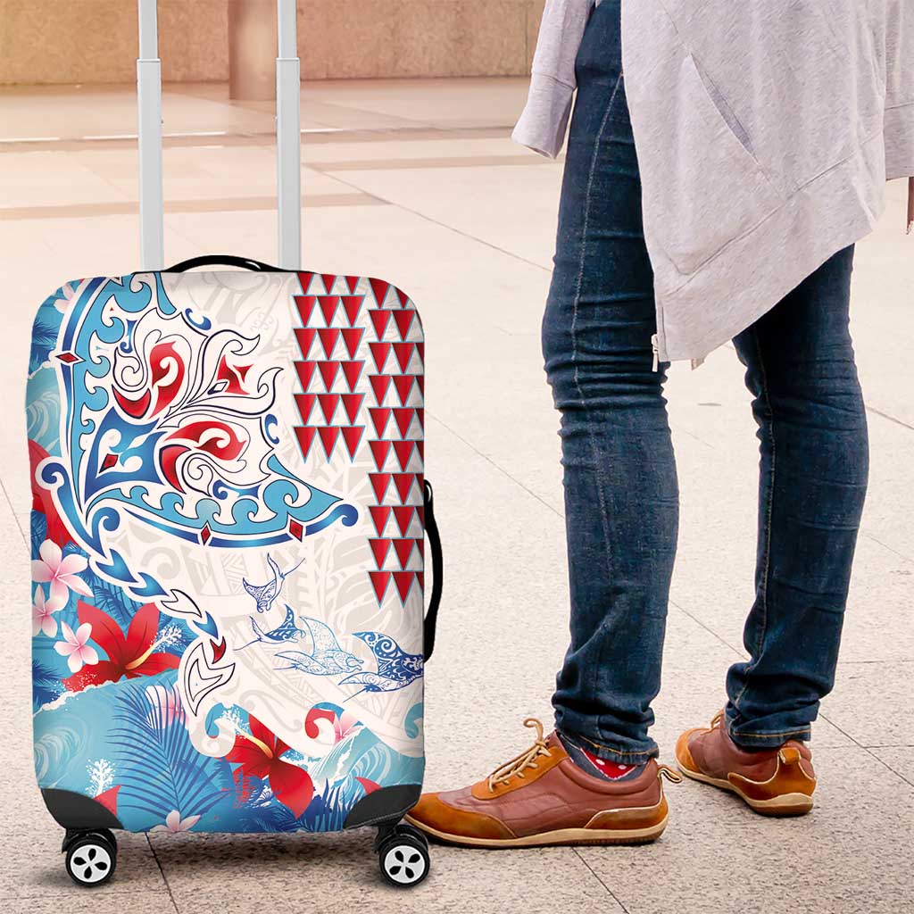 Hawaiian Tribal Manta Ray Luggage Cover Kakau Tattoo and Flowers Surfing Waves Pattern Ocean Color