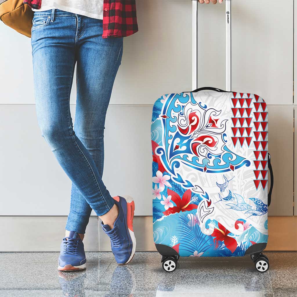 Hawaiian Tribal Manta Ray Luggage Cover Kakau Tattoo and Flowers Surfing Waves Pattern Ocean Color