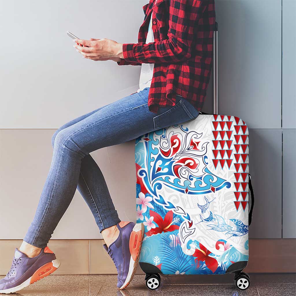 Hawaiian Tribal Manta Ray Luggage Cover Kakau Tattoo and Flowers Surfing Waves Pattern Ocean Color