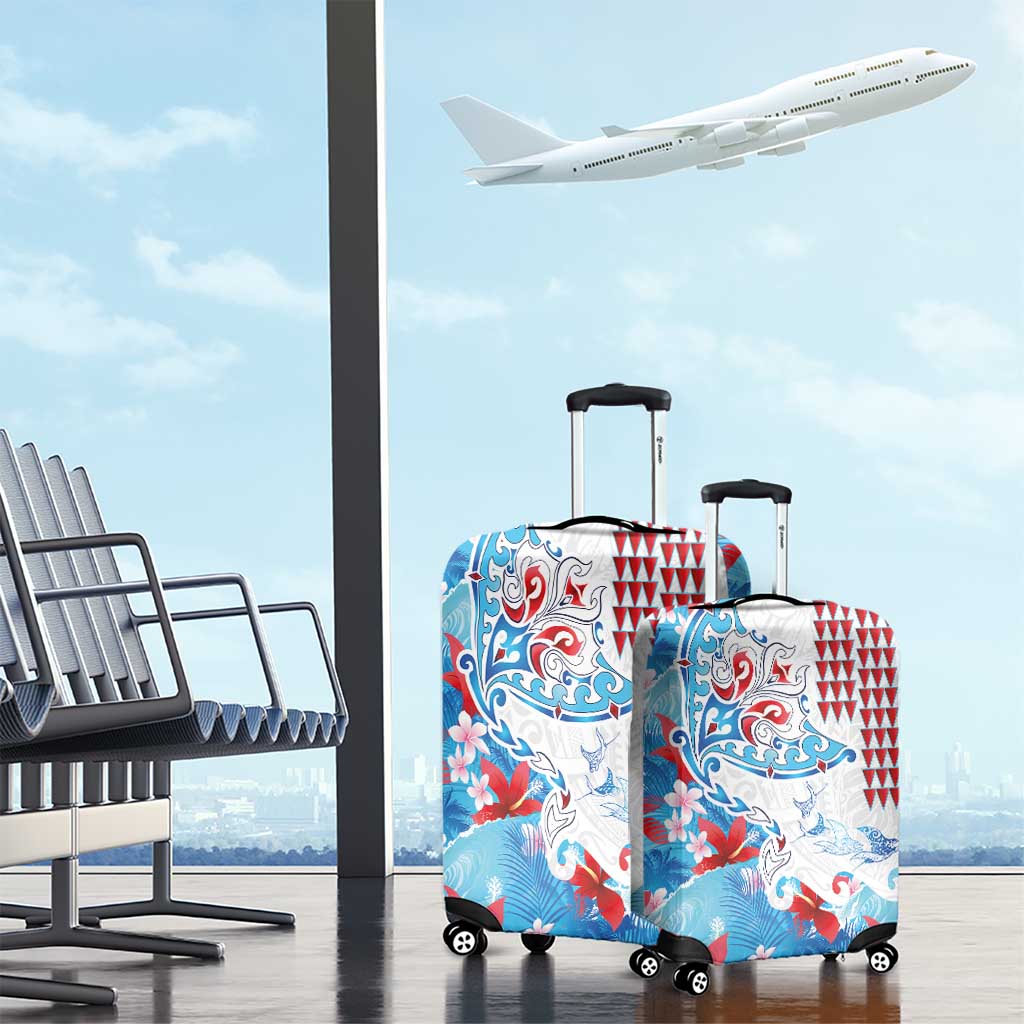 Hawaiian Tribal Manta Ray Luggage Cover Kakau Tattoo and Flowers Surfing Waves Pattern Ocean Color