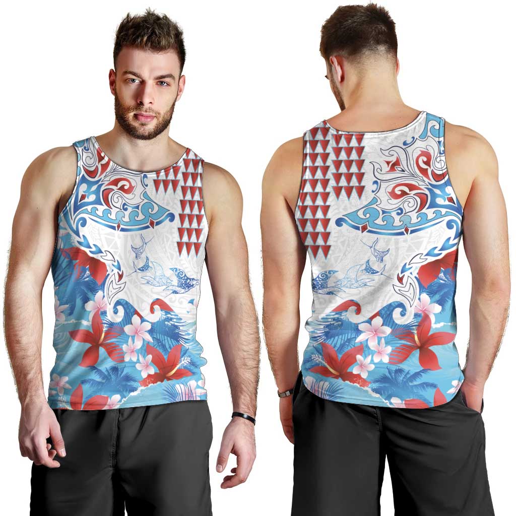 Hawaiian Tribal Manta Ray Men Tank Top Kakau Tattoo and Flowers Surfing Waves Pattern Ocean Color LT03 - Polynesian Pride