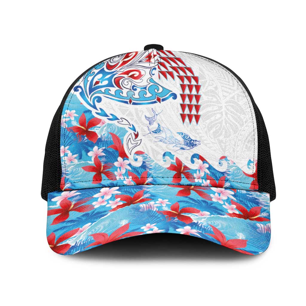 Hawaiian Tribal Manta Ray Mesh Trucker Cap Kakau Tattoo and Flowers Surfing Waves Pattern Ocean Color