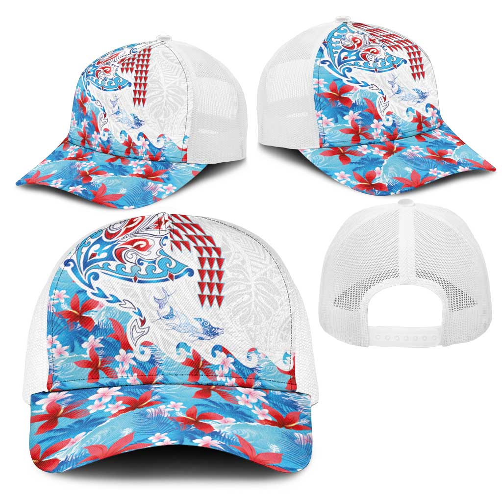 Hawaiian Tribal Manta Ray Mesh Trucker Cap Kakau Tattoo and Flowers Surfing Waves Pattern Ocean Color