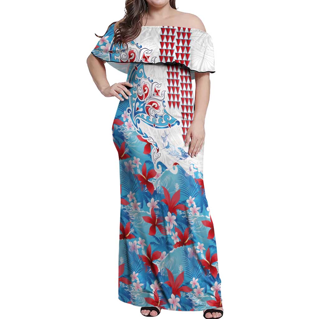 Hawaiian Tribal Manta Ray Off Shoulder Maxi Dress Kakau Tattoo and Flowers Surfing Waves Pattern Ocean Color LT03 Women Multicolor - Polynesian Pride