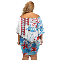 Hawaiian Tribal Manta Ray Off Shoulder Short Dress Kakau Tattoo and Flowers Surfing Waves Pattern Ocean Color