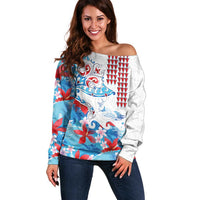 Hawaiian Tribal Manta Ray Off Shoulder Sweater Kakau Tattoo and Flowers Surfing Waves Pattern Ocean Color LT03 Women Multicolor - Polynesian Pride