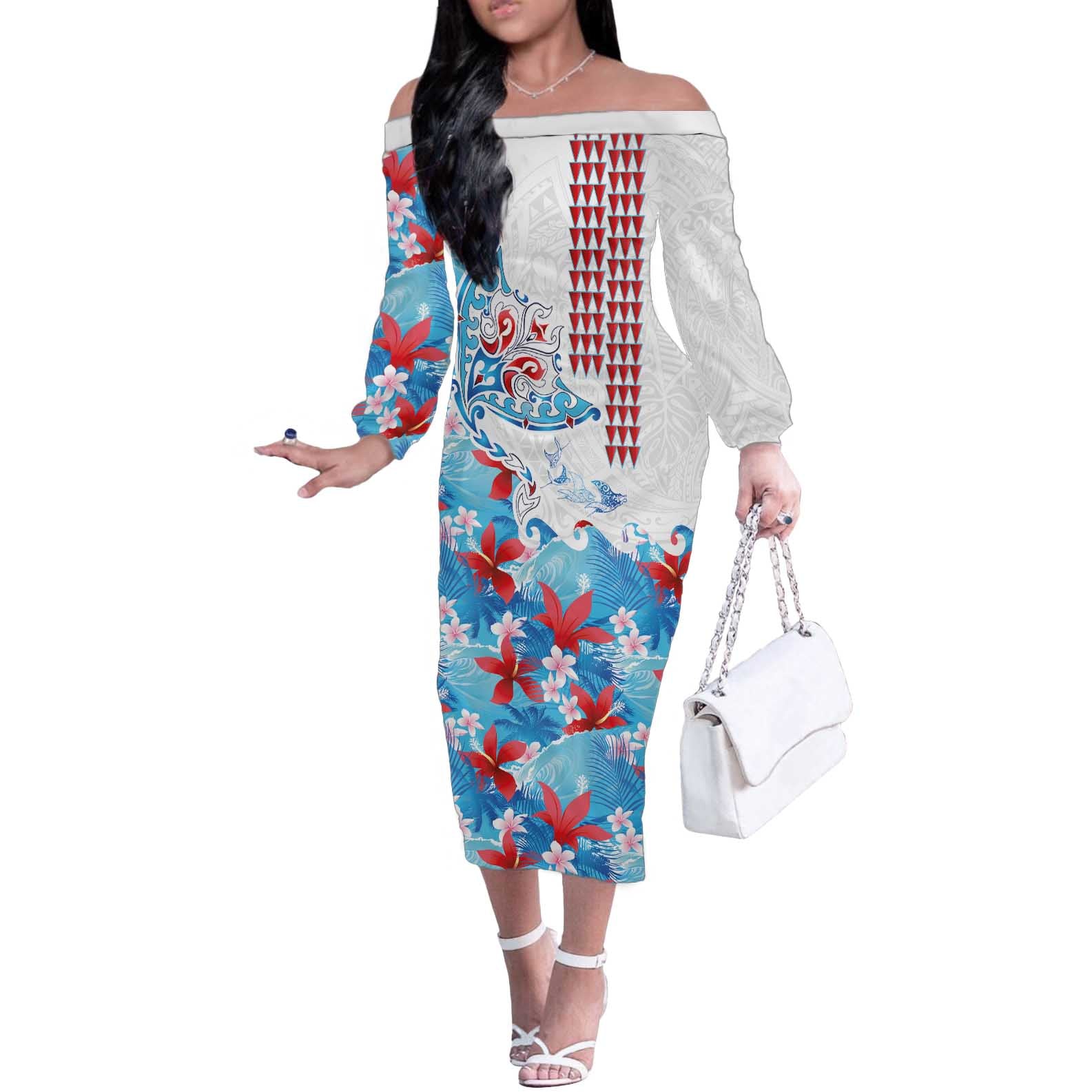 Hawaiian Tribal Manta Ray Off The Shoulder Long Sleeve Dress Kakau Tattoo and Flowers Surfing Waves Pattern Ocean Color LT03 Women Multicolor - Polynesian Pride