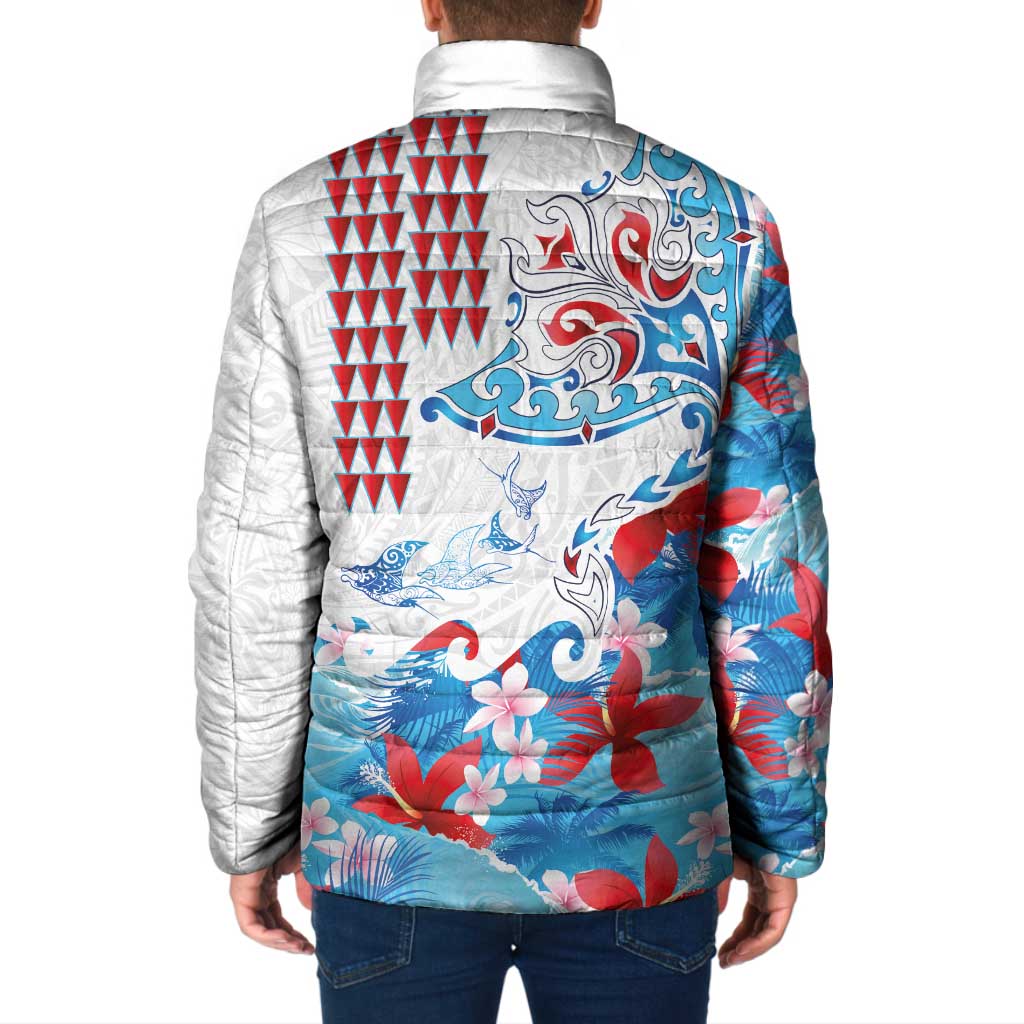 Hawaiian Tribal Manta Ray Padded Jacket Kakau Tattoo and Flowers Surfing Waves Pattern Ocean Color