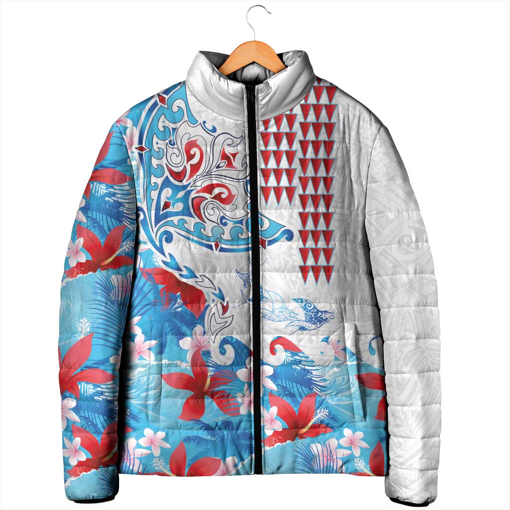 Hawaiian Tribal Manta Ray Padded Jacket Kakau Tattoo and Flowers Surfing Waves Pattern Ocean Color