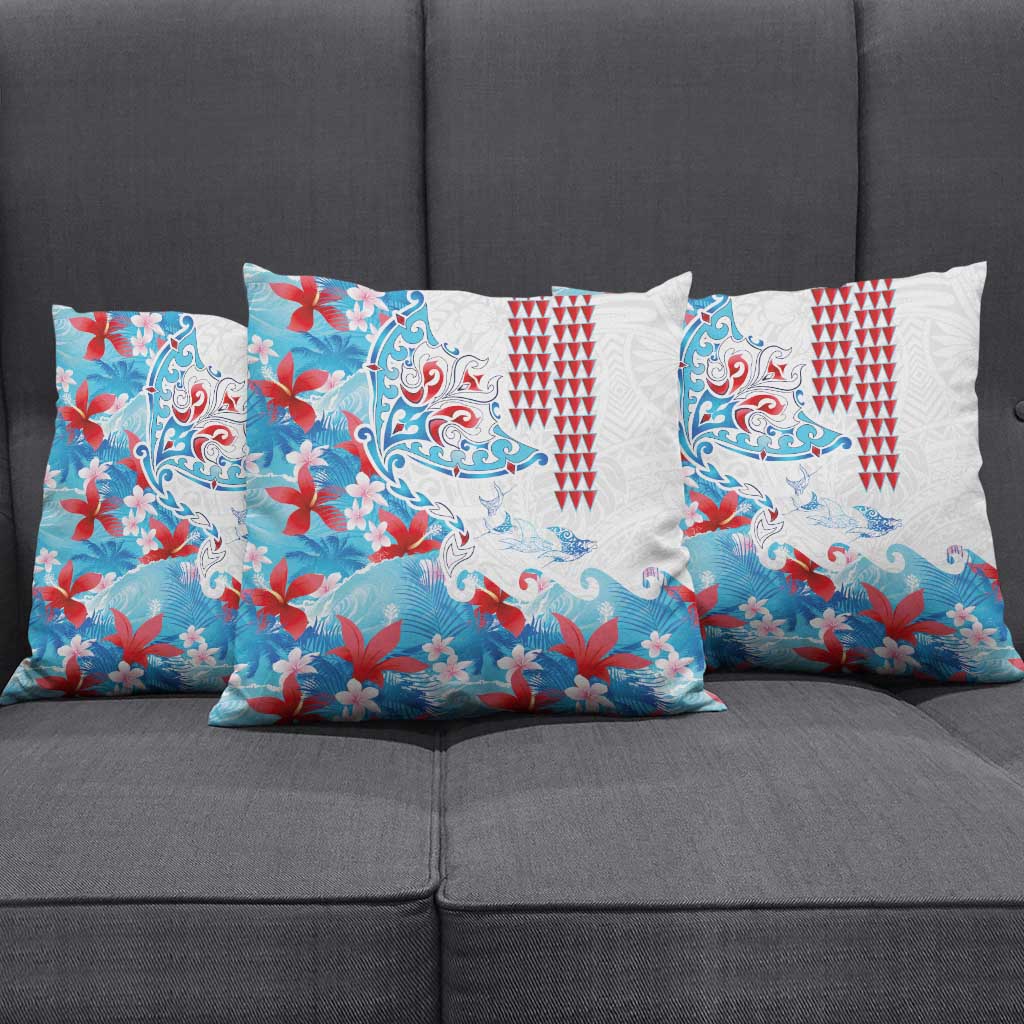 Hawaiian Tribal Manta Ray Pillow Cover Kakau Tattoo and Flowers Surfing Waves Pattern Ocean Color LT03 - Polynesian Pride