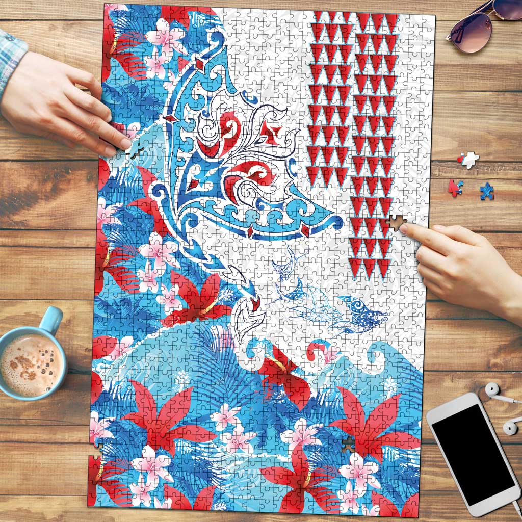 Hawaiian Tribal Manta Ray Puzzle Kakau Tattoo and Flowers Surfing Waves Pattern Ocean Color LT03 Multicolor - Polynesian Pride