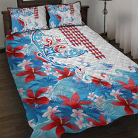 Hawaiian Tribal Manta Ray Quilt Bed Set Kakau Tattoo and Flowers Surfing Waves Pattern Ocean Color LT03 Multicolor - Polynesian Pride